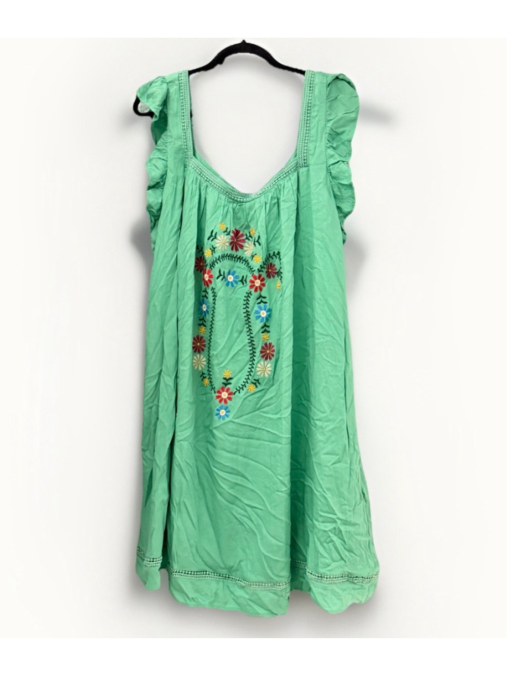 Davi & Dani Boho Embroidered Tunic Dress Mint Green Ruffle Sleeve Floral XL